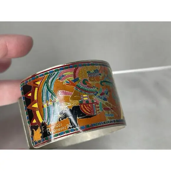 Artist Fernandez Rodriguez Mexico Enamel Aztec Theme Thick Cuff Bracelet - Picture 3 of 5